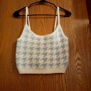 Kendall & Kylie Blue Houndstooth Fuzzy Cropped Cami Tank Top - Size Small